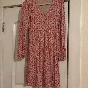Boden Red and White Leaf Print Long Sleeve Dress